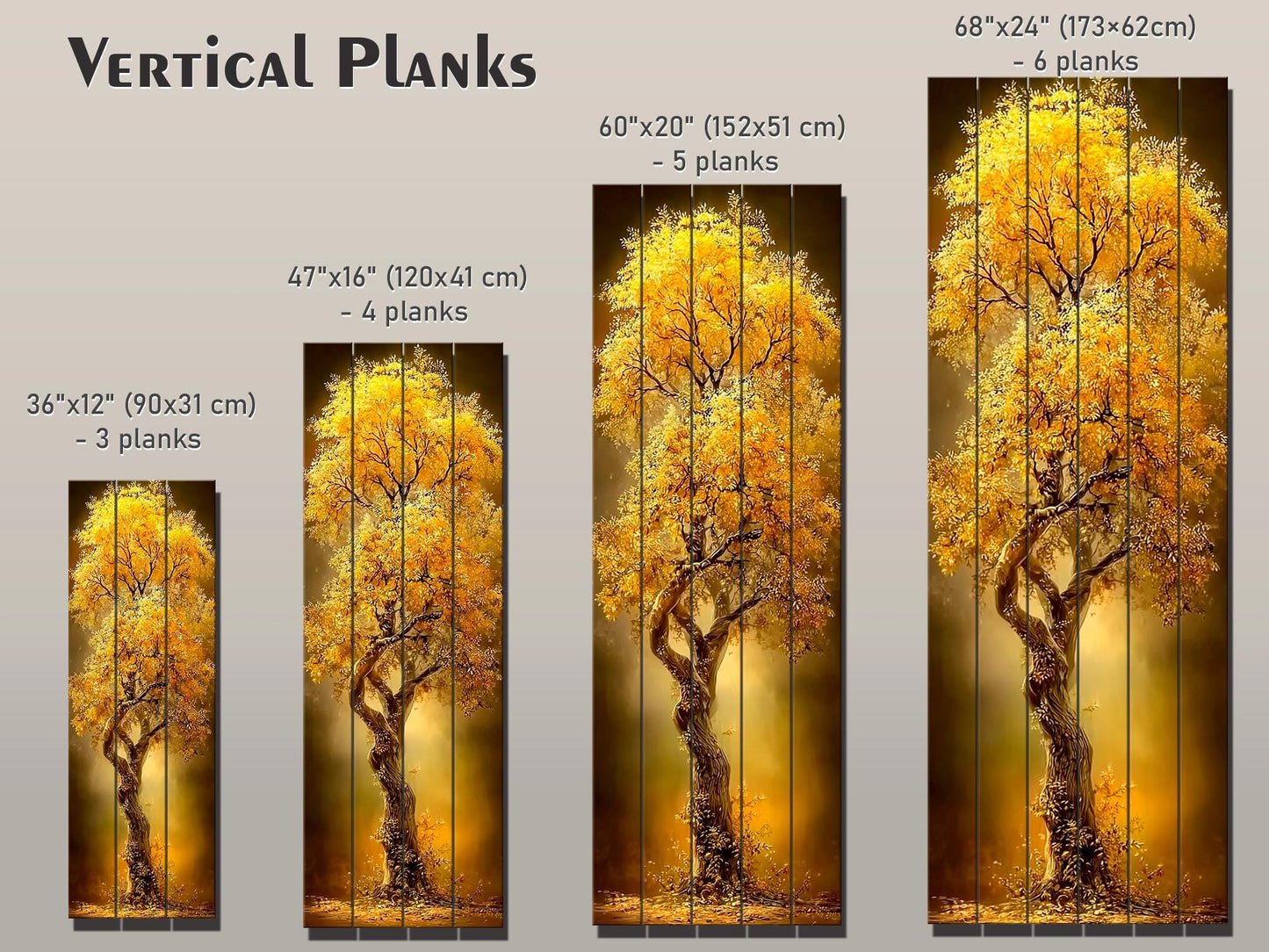 Golden Tree Print on Wood –  Tree with Golden Leaves, Modern Rustic Wall Decor