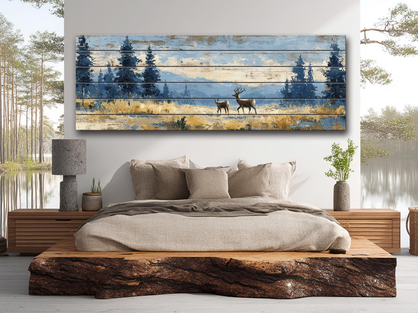 Deer Wood Art – Rustic Cabin Decor | Handcrafted Natural Wood Print with Meadow Deer Painting