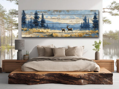 Deer Wood Art – Rustic Cabin Decor | Handcrafted Natural Wood Print with Meadow Deer Painting