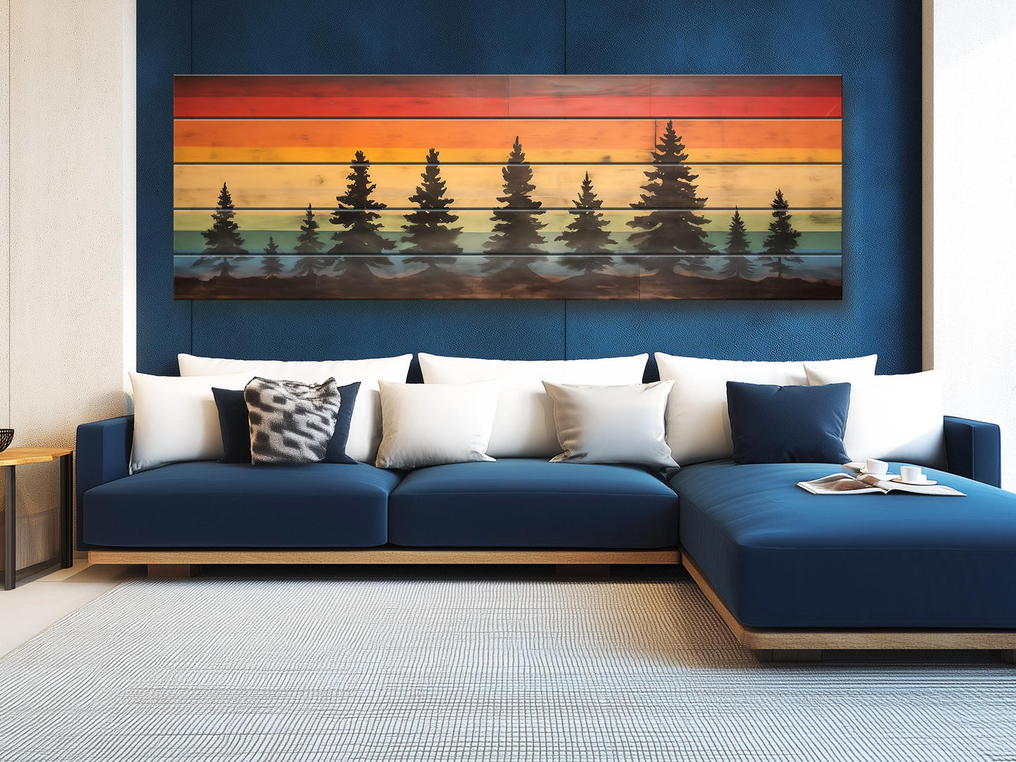 Wooden Forest Wall Art – Colorful Sunset Pine Tree Print on Natural Wood Planks
