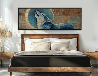 Wolf Canvas Print - Rustic Wolf Art Howling Under Crescent Moon | Framed & Ready to Hang