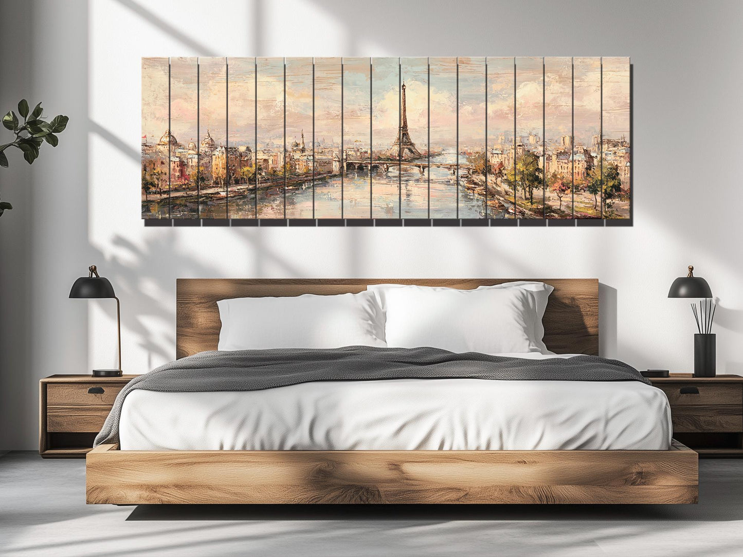 Paris Wall Art – Eiffel Tower Painting on Rustic Wood | Beige Pastel Oil Print