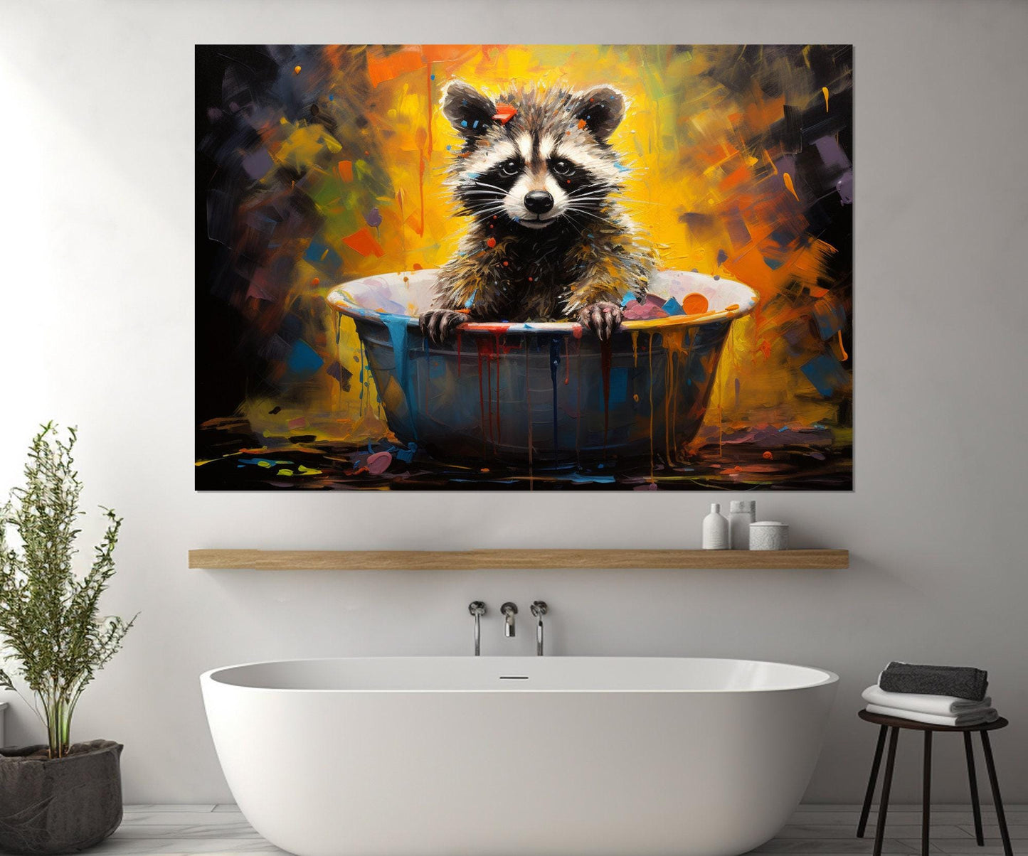 Raccoon Bathtub Canvas - Cute Animal Painting on Gallery Wrapped Cotton Canvas Print