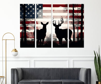 Deer Family Canvas Print – USA Flag Patriotic Deer Decor | Framed Wall Art Ready to Hang