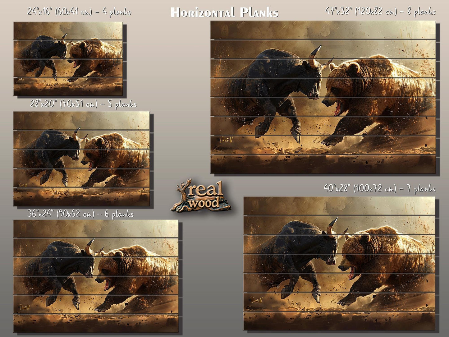 Rustic Wood Wall Art – Bull and Bear Art on UV Printed Wood for Trader Office Decor