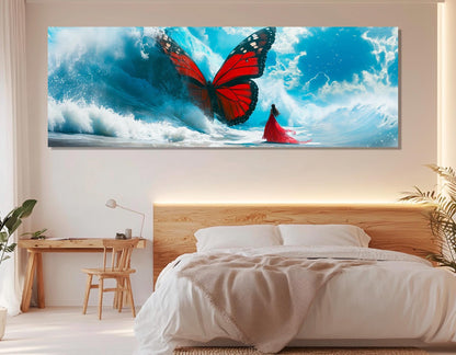 Large Abstract Canvas Print, Red Butterfly in Sea Wave, Framed and Ready to Hang