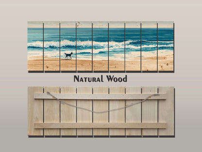 Coastal Beach Wall Art – Running Dog Print on Rustic Wood for Beach House Decor