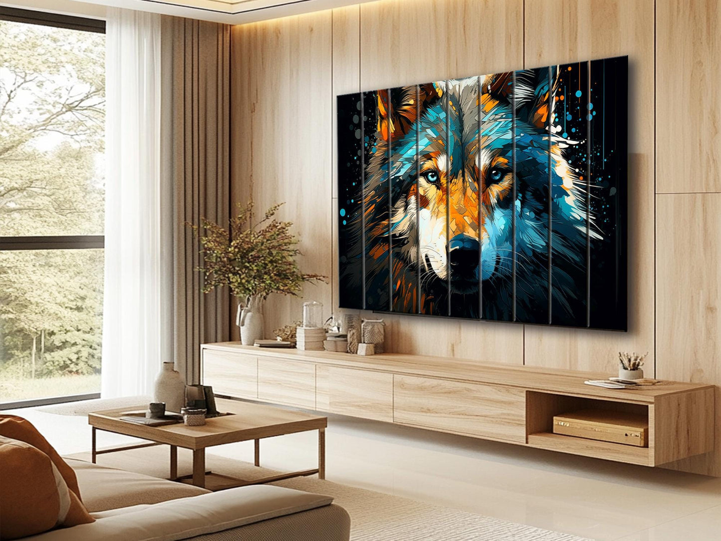 Wolf Painting Wood | Abstract Wolf Portrait on Natural Wood Plank Art - Modern Hunter Gift