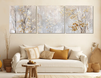 Winter Trees Canvas Print – Golden Leaves Wall Art | Soft Tones Painting, Ready to Hang