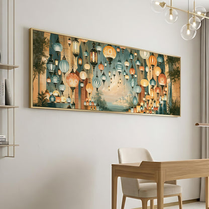 a large, colorful painting of lanterns hanging on a wall, creating a vibrant and lively atmosphere in the room.