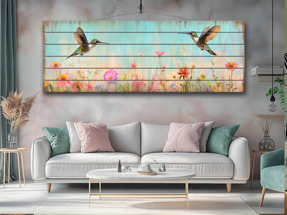 Rustic Wood Wall Art - Hummingbirds Around Wildflowers Print on Natural Wood, Birds Wall Art, Hummingbirds Print, Rustic Landscape Print
