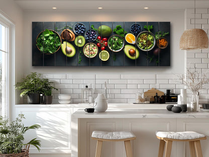 Healthy Food Wall Art – Large Natural Wood Painting | Modern Kitchen Decor
