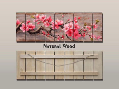 Wood Wall Art - Sakura Branch Painting Printed on Natural Wood, Sakura Tree Print, Japanese Wall Art, Rustic Japanese Wall Decor