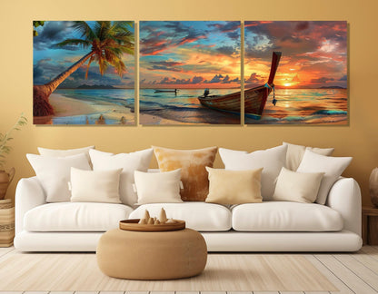 Tropical Sunset Canvas Art - Beach Canvas Print with Palm Tree & Old Boat - Ready to Hang