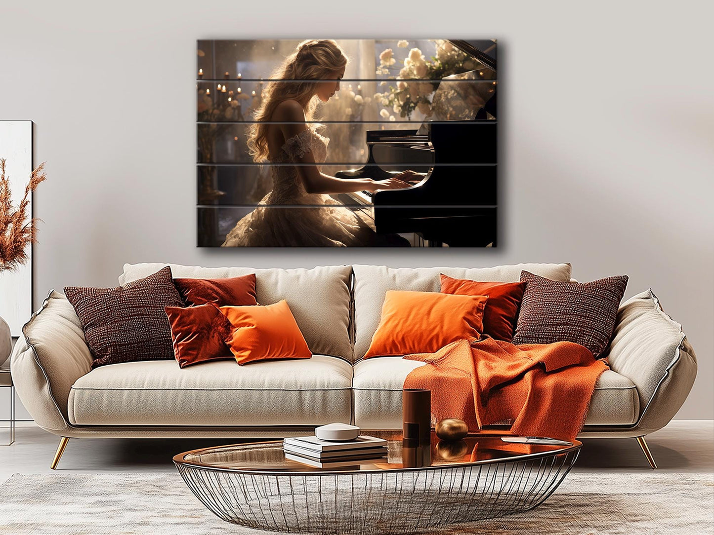 Rustic Piano Wall Art - Wooden Piano Print of Pianist Girl, Framed & Ready to Hang