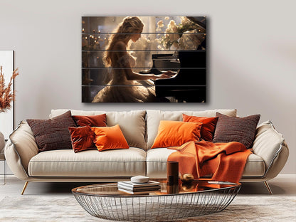 Rustic Piano Wall Art - Wooden Piano Print of Pianist Girl, Framed & Ready to Hang
