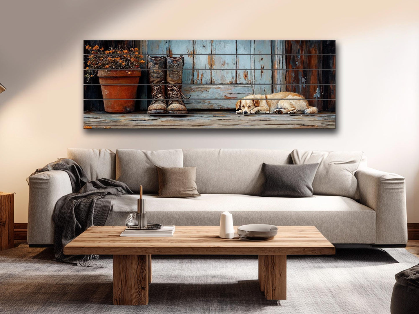 Wood Wall Art – Sleeping Dog Print on Natural Wood Plank | Rustic Farmhouse Decor