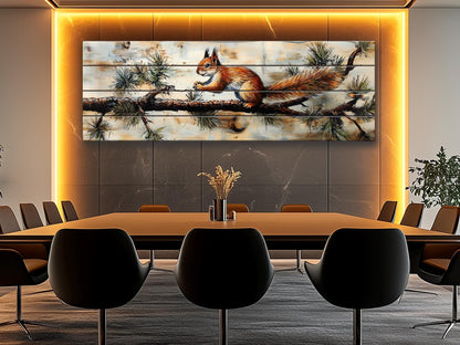 Rustic Wood Wall Art – Squirrel on Pine Branch | Natural Wood Print Decor
