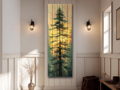Tall Pine Tree with Golden Sunlight Print on Natural Wood, Cabin Wall Decor, Cozy Lodge Decor, Vertical Pine Tree Painting, Wood Wall Art