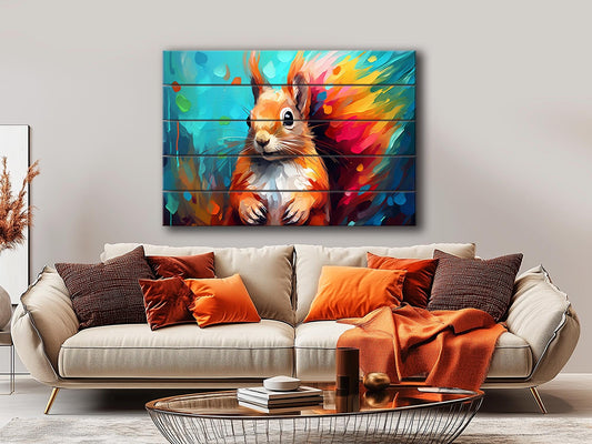 Wood Wall Art - Colorful Squirrel Abstract Painting on Natural Wood Planks