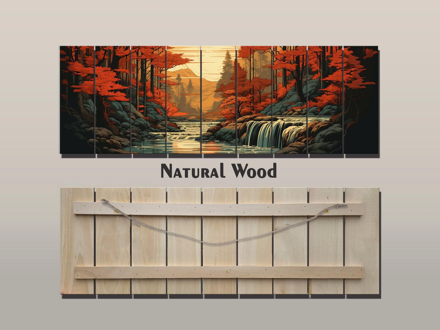 Rustic Autumn Wall Art - Wooden Waterfall Painting on Natural Wood Planks