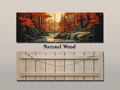 Rustic Autumn Wall Art - Wooden Waterfall Painting on Natural Wood Planks