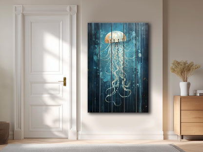 Rustic Wall Art – Natural Wood Jellyfish Print | Fade Resistant, Ready to Hang