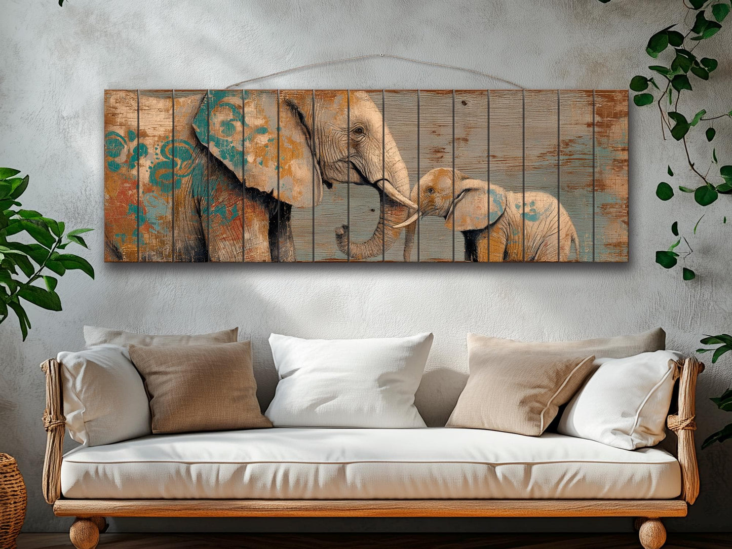 Loving Mother Elephant with Calf on Rustic Wooden Slats, Elephants Wall Art, Elephants Painting, Elephants Print on Wood, Wood Wall Art
