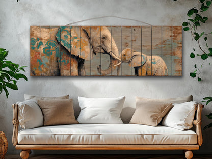 Loving Mother Elephant with Calf on Rustic Wooden Slats, Elephants Wall Art, Elephants Painting, Elephants Print on Wood, Wood Wall Art