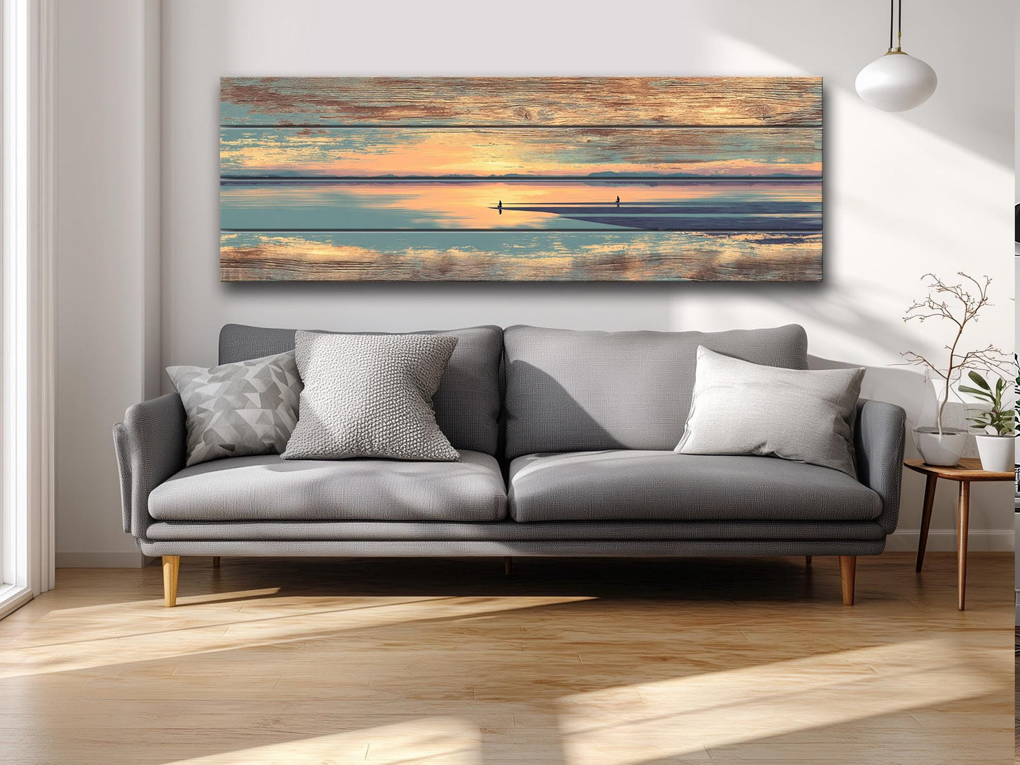 Sunrise Beach Yoga Print – Wooden Yoga Wall Art With Coastal Meditation Scene