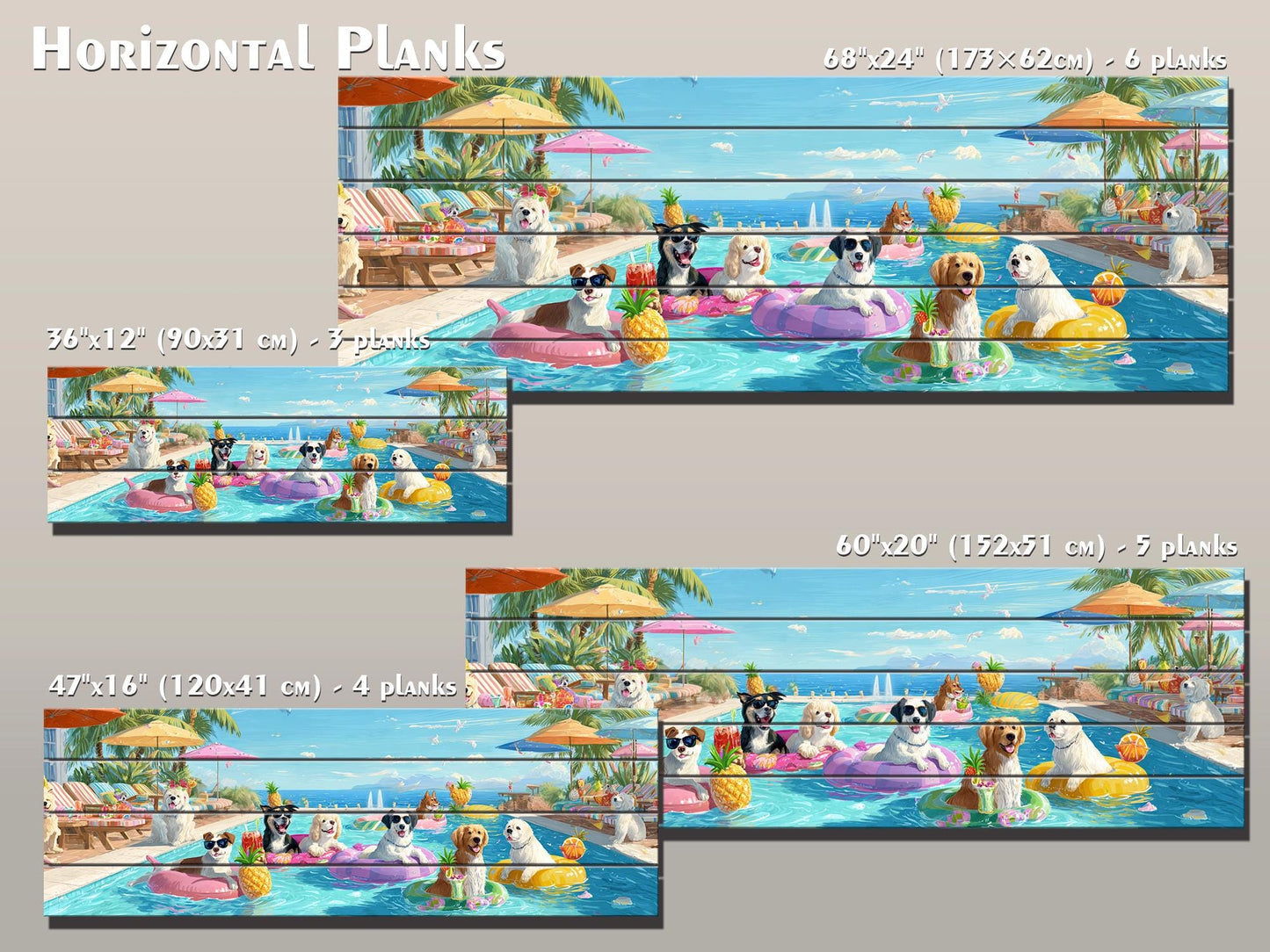 Dog Pool Wall Art – Colorful Summer Dog Print on Natural Wood – Playful Party Scene