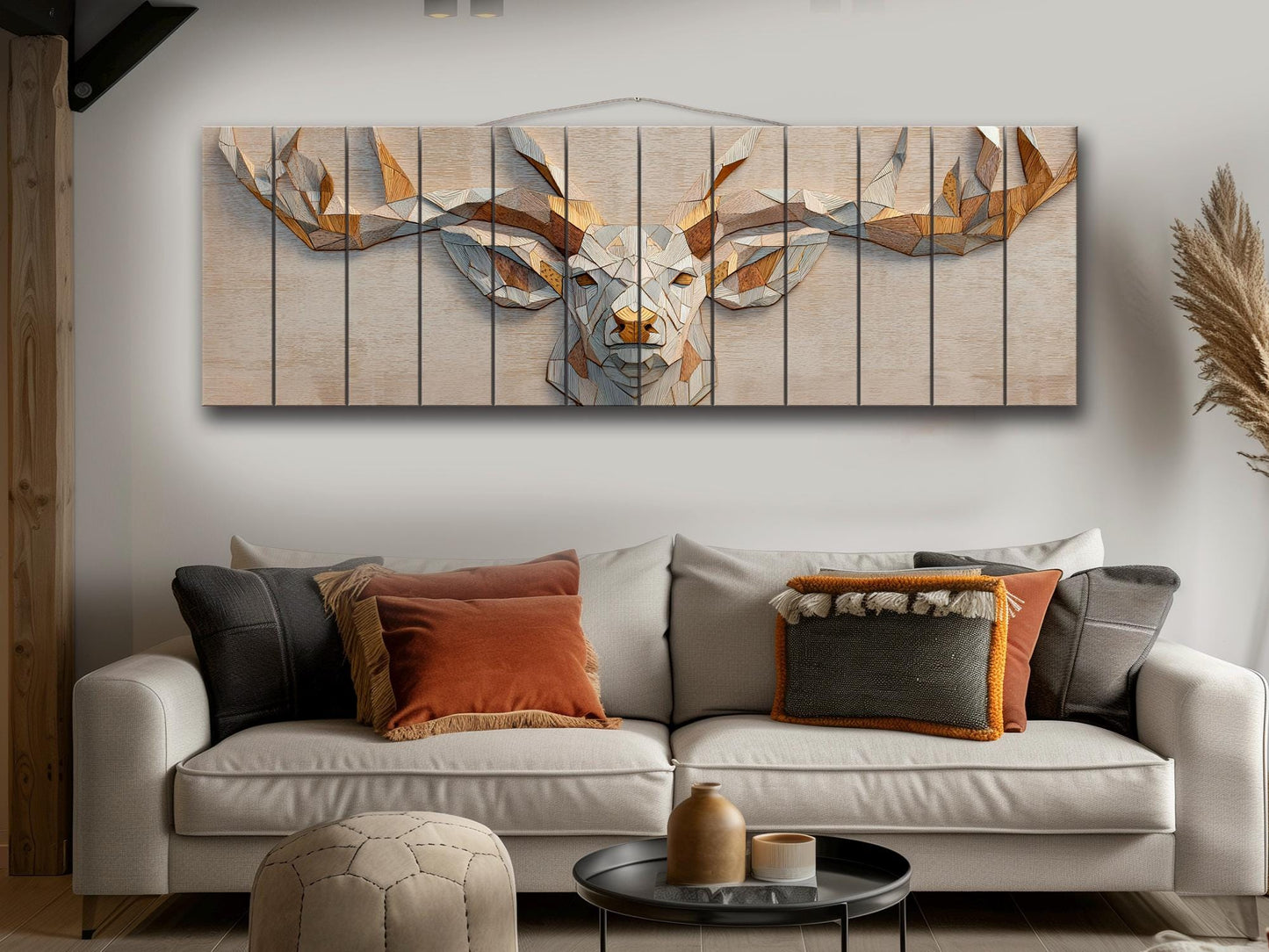 Deer Print Wood - Geometric Antlers Art | Rustic Wildlife Wall Art With Gold Accent