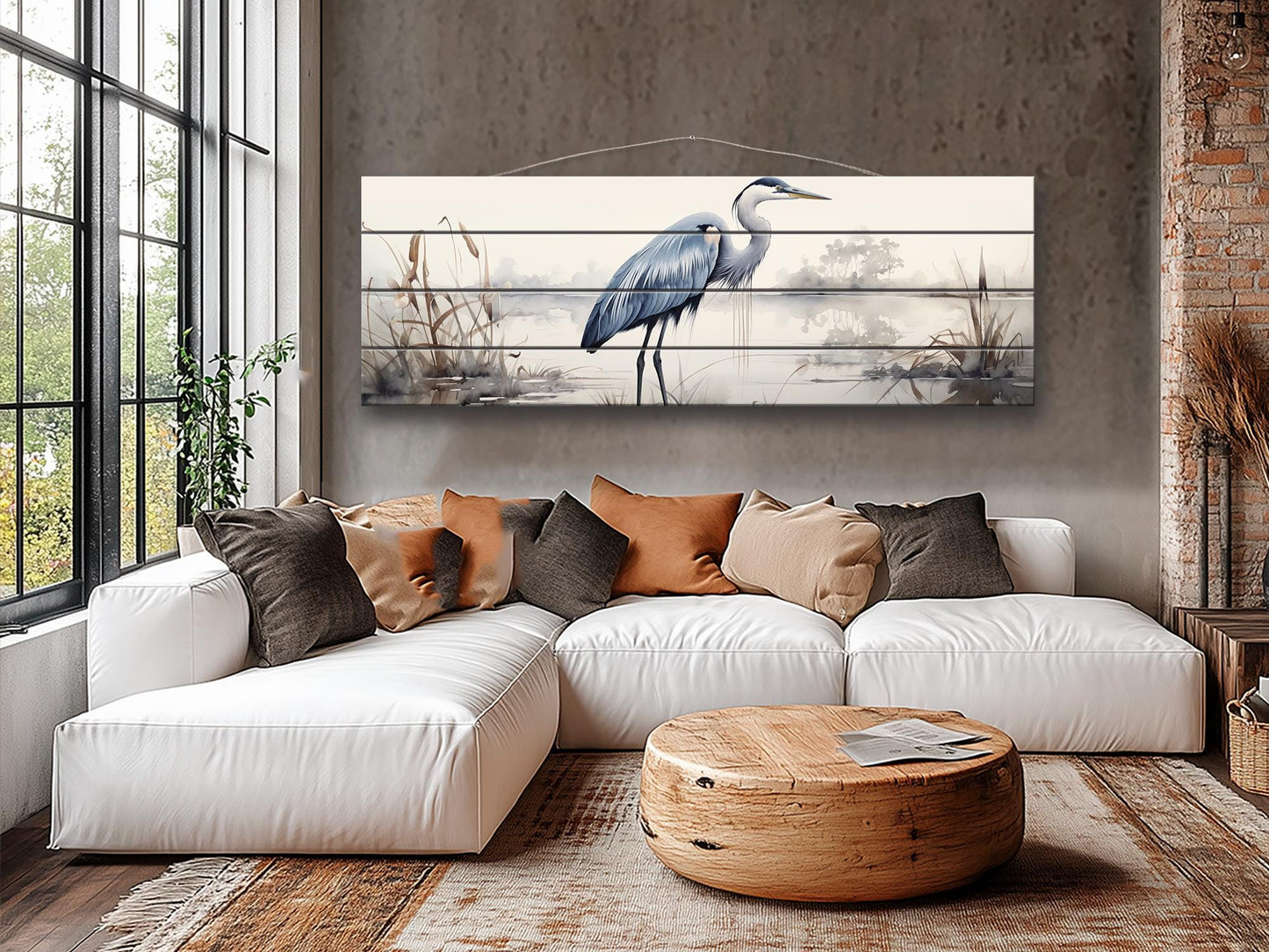 Rustic Heron Wall Art – Wooden Bird Print on Natural Wood Plank Artwork
