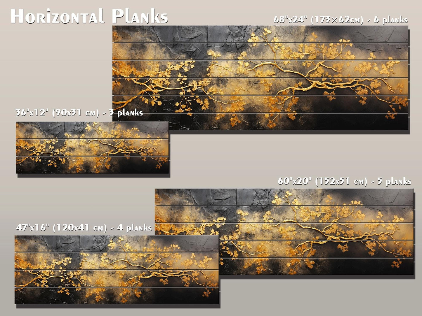 Wooden Wall Art – Gold Tree Branches Print on Natural Wood | Abstract Black & Gold Decor