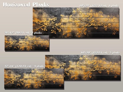 Wooden Wall Art – Gold Tree Branches Print on Natural Wood | Abstract Black & Gold Decor