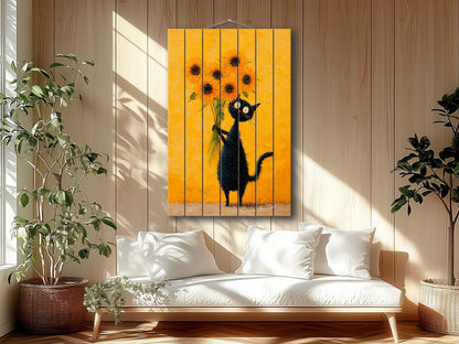 Wood Wall Art – Black Cat Painting with Sunflowers | Minimalist Rustic Decor