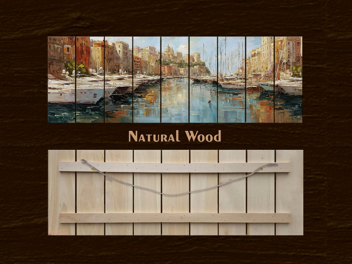 Monaco Harbor Wood Print – Rustic Wall Art | Beige Light Reflections on Distressed Wood
