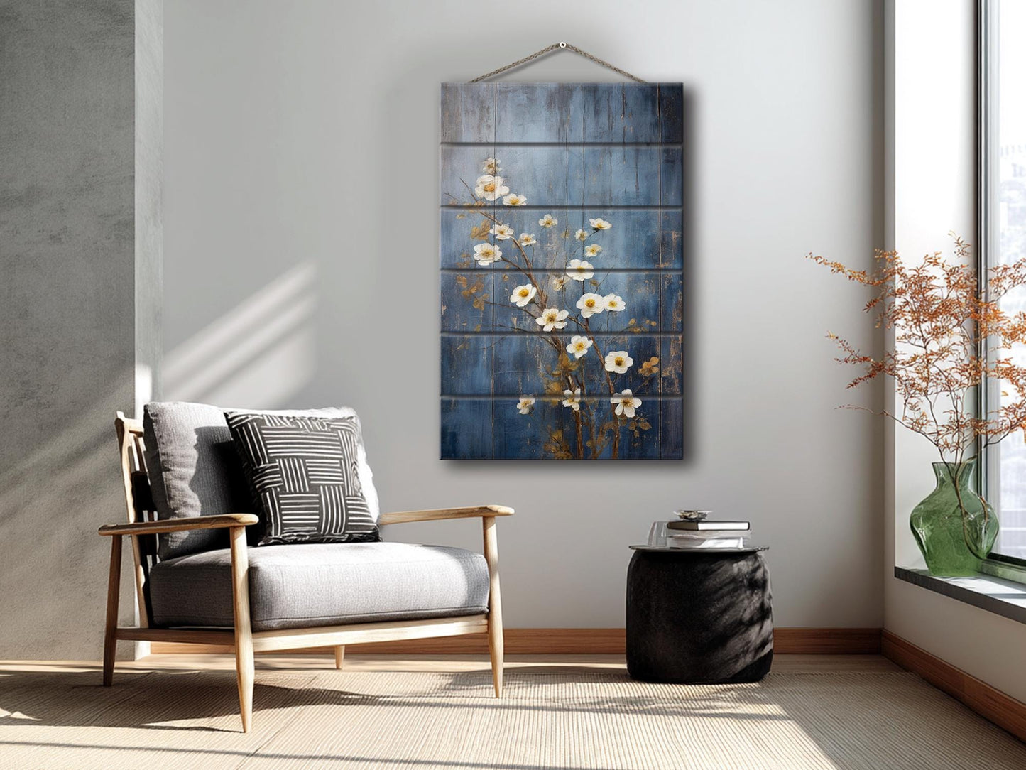 Rustic Floral Wall Art - White Blossoms Print on Natural Wood Plank Art