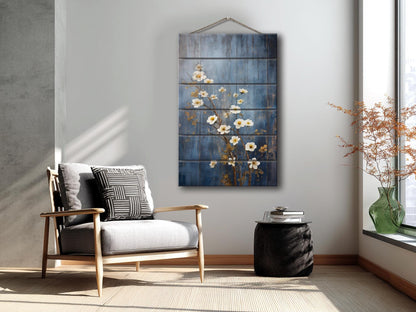 Rustic Floral Wall Art - White Blossoms Print on Natural Wood Plank Art