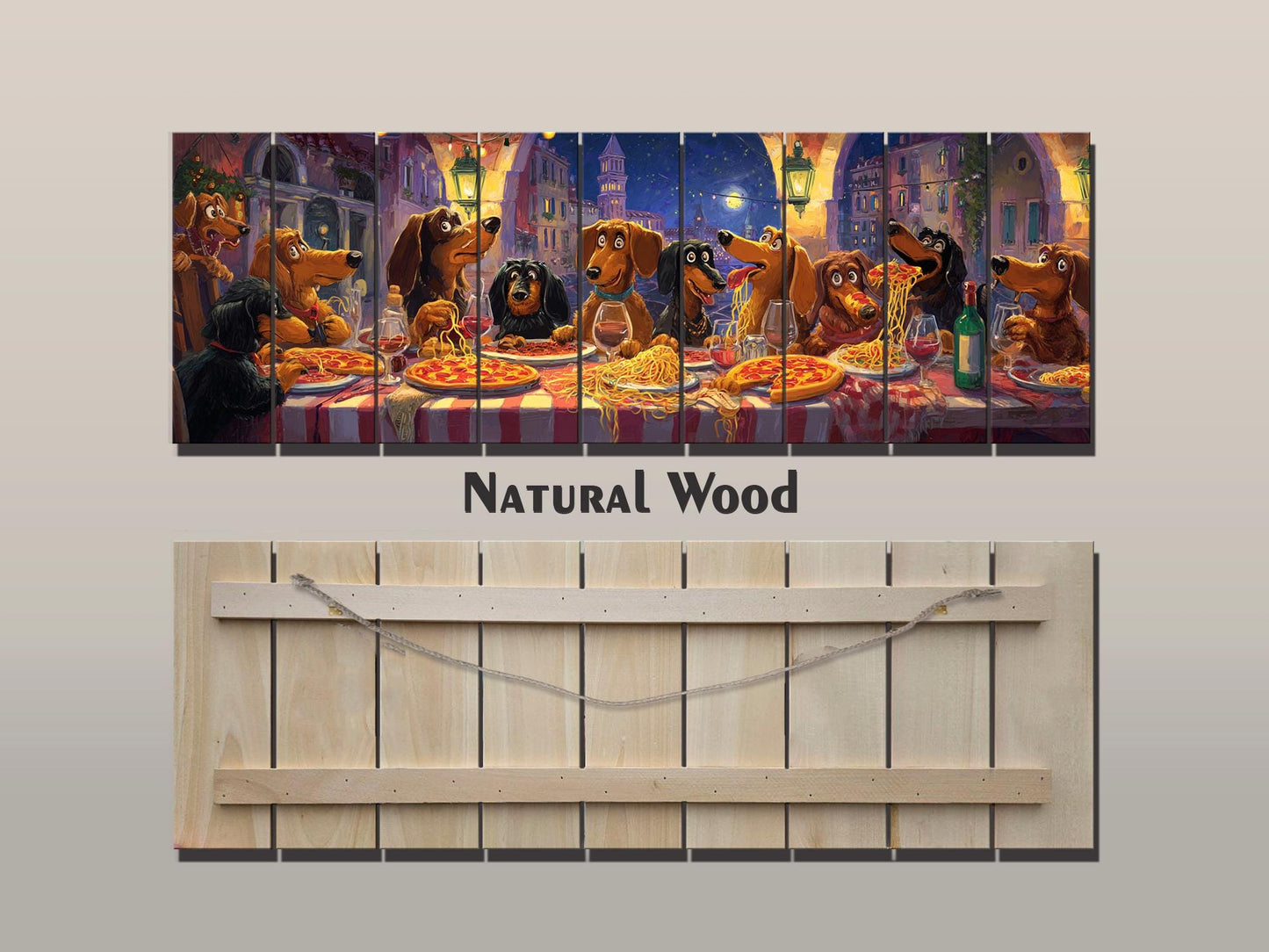 Dachshund Pizza Art – Rustic Wood Wall Art With Playful Dog Party Painting