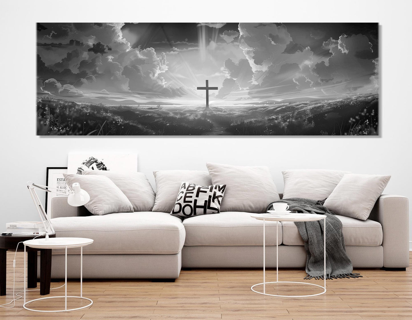 Bible Wall Art – Power of the Cross Framed Canvas Print | Black and White Religious Decor