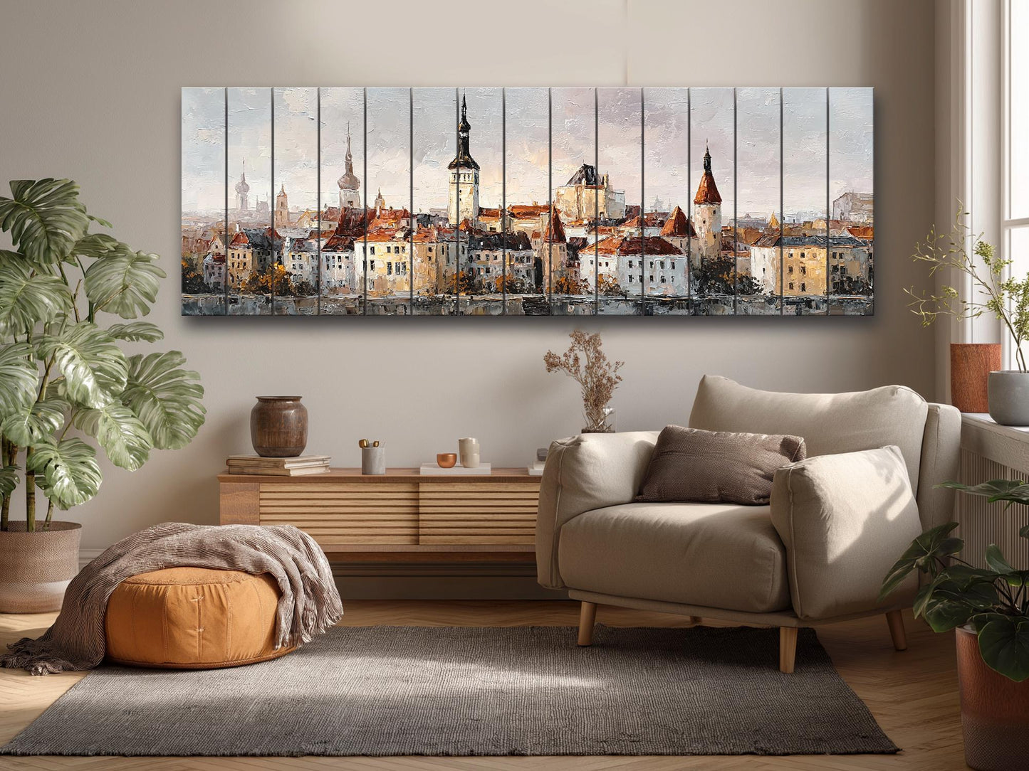 Tallinn Wood Print – Rustic Wall Art With Beige Morning Skyline on Distressed Wood