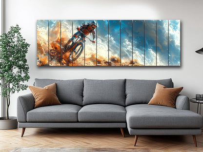 Mountain Biker Wall Art – Rustic Wooden Print on Wood | Outdoor Sports Decor