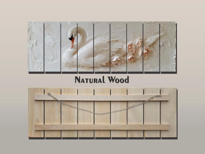 White Swan Wall Art – Natural Wood Print | Minimalist Wood Plank Art