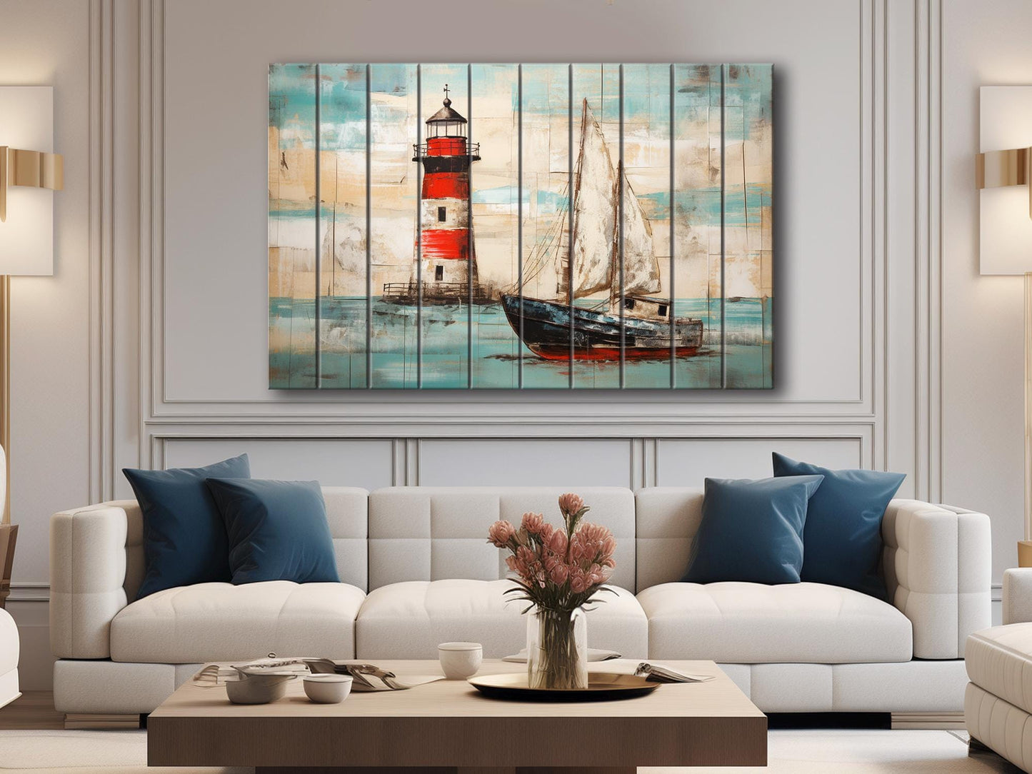 Nautical Wall Art – Coastal Wooden Wall Decor with Lighthouse Print & Sailboat Artwork