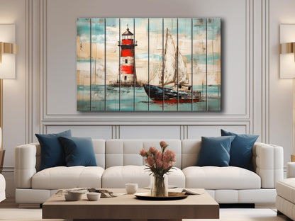 Nautical Wall Art – Coastal Wooden Wall Decor with Lighthouse Print & Sailboat Artwork