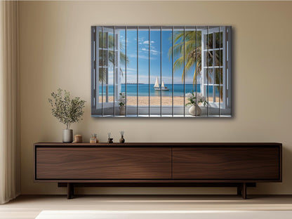 Wood Wall Art – Open Window Sea View Painting on Natural Wood Planks | Nautical Decor