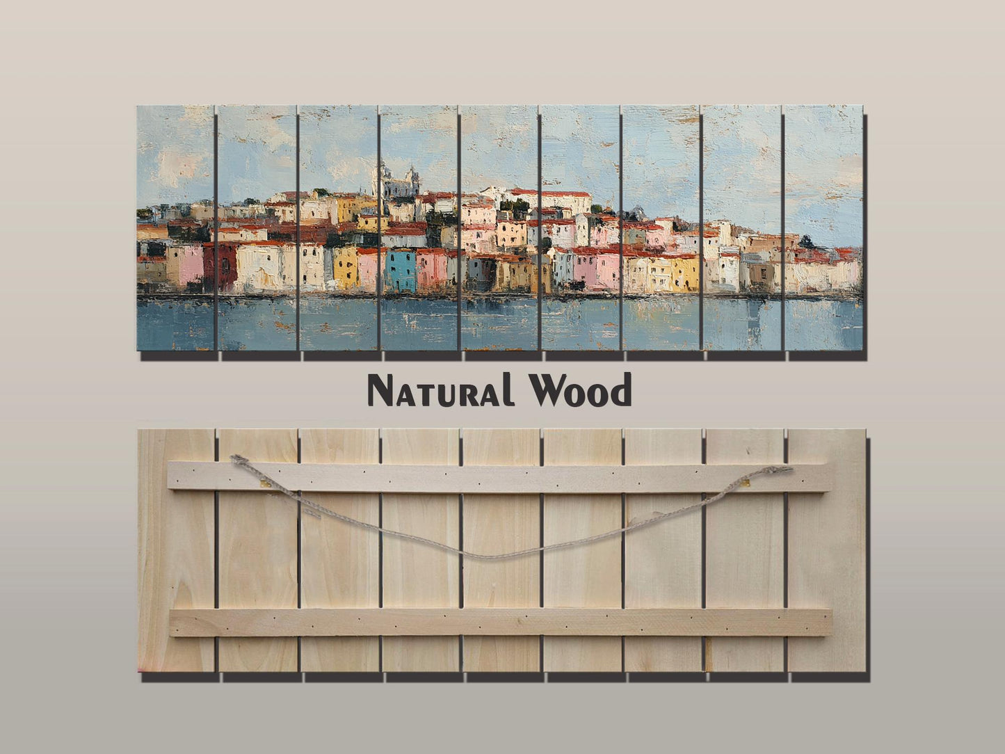 Lisbon Wood Print – Rustic Wall Art with Pastel Houses & Beige Sunlight on Distressed Wood