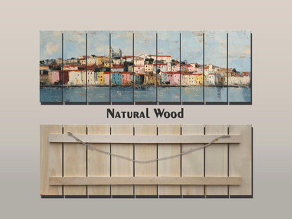 Lisbon Wood Print – Rustic Wall Art with Pastel Houses & Beige Sunlight on Distressed Wood