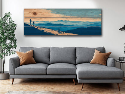Mountain Ridge Hiking Print – Rustic Cabin Wall Art on Natural Wood Panels